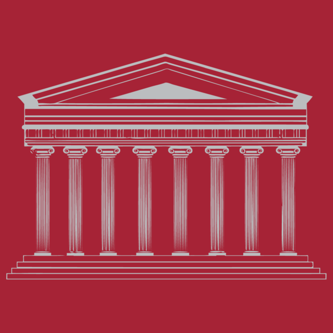 An illustration of the front columns of a neoclassical building.