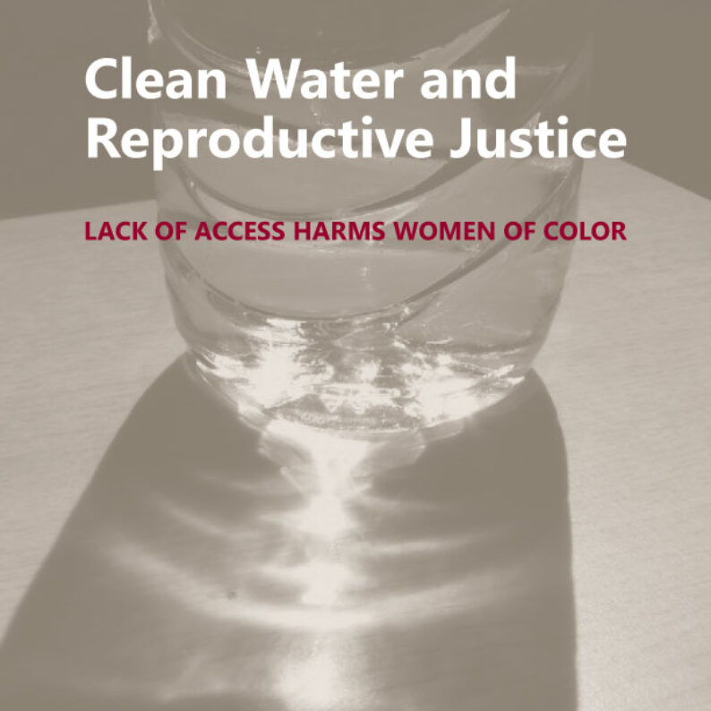 The title Clean Water and Reproductive Justice is shown over a glass of water.