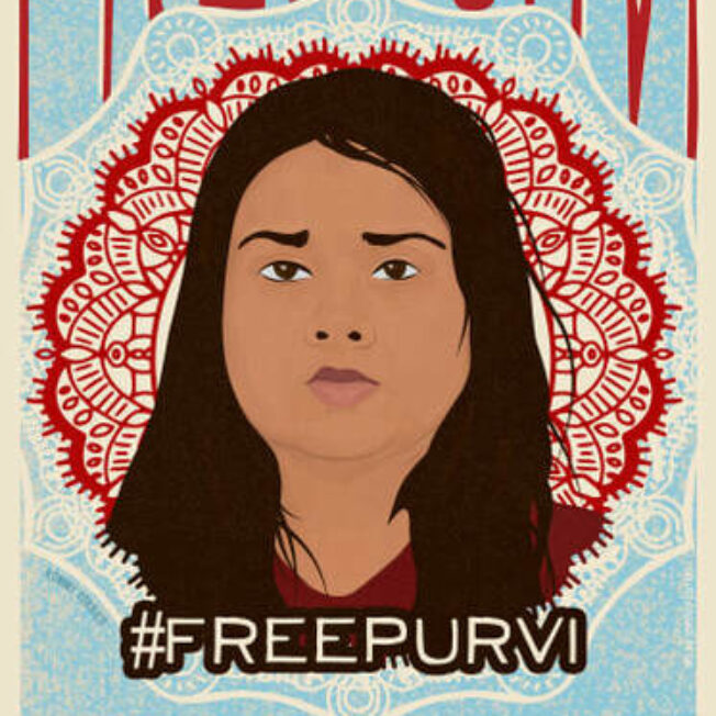 An illustrated poster of an Indian American woman with the text "Free Purvi"