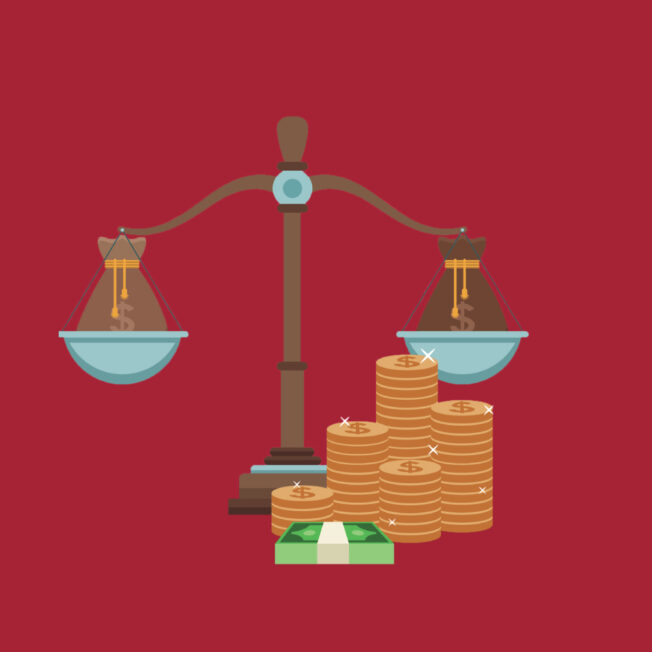 An illustration of a measuring scale with different amounts of money on both sides.