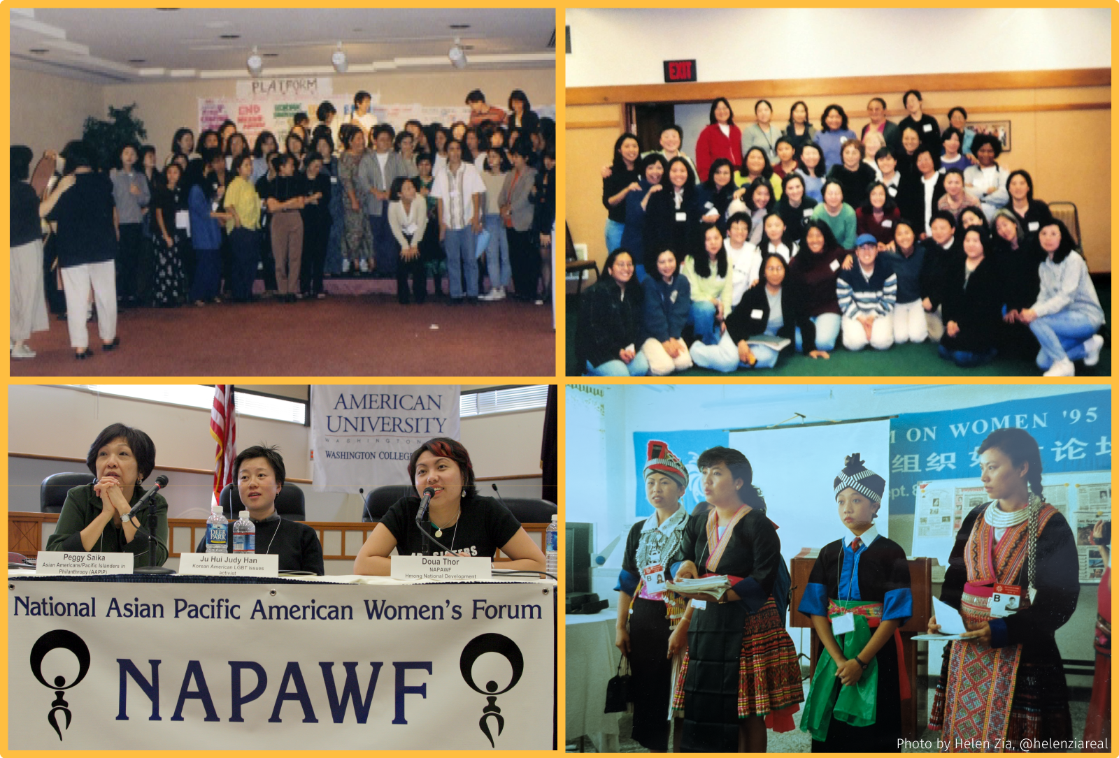 A collage of NAPAWF photos from the late 1990s and early 2000s. Bottom right photo, credit Helen Zia, helenziareal