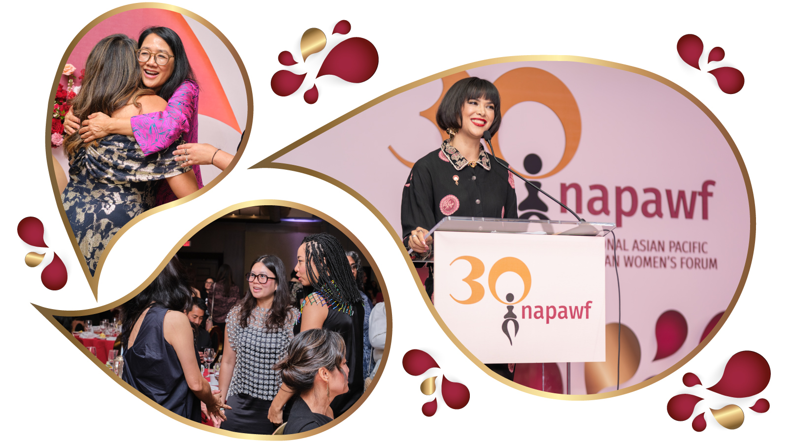 A collage of three photos from NAPAWF's 30th anniversary celebration, including one of two people hugging, another photo of actress Lilan Bowden speaking at a podium on stage, and another of people chatting at dinner tables.